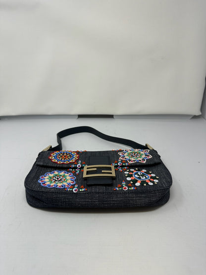 Fendi Baguette Blue Embroidered Denim Bag