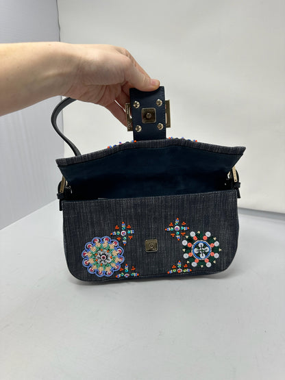 Fendi Baguette Blue Embroidered Denim Bag