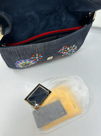 Fendi Baguette Blue Embroidered Denim Bag