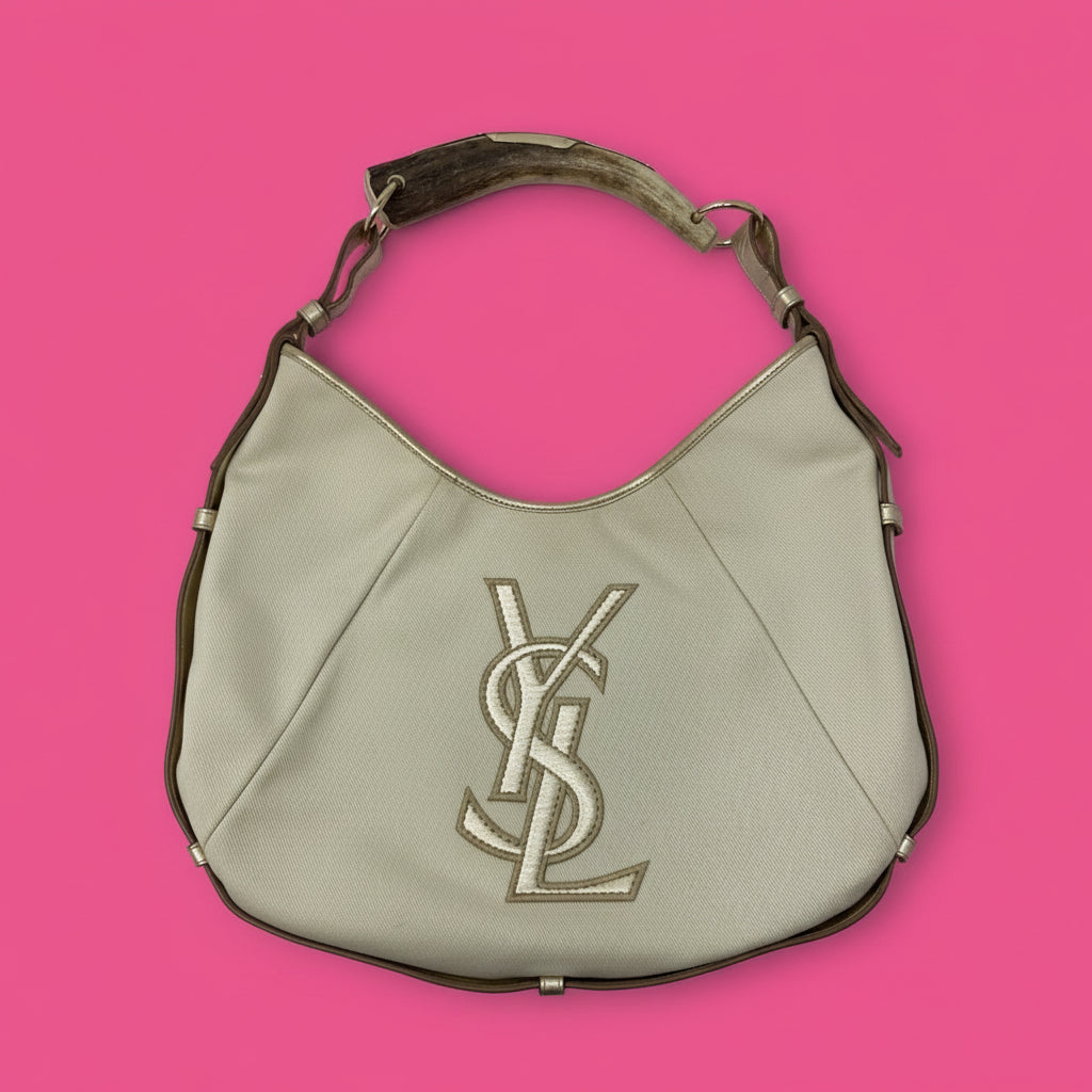 YSL Mombasa Logo Shoulder Horn Bag in Beige/Gold