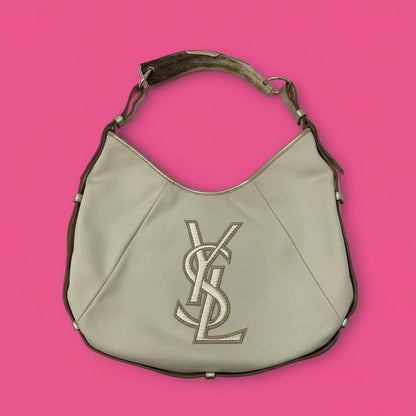 YSL Mombasa Logo Shoulder Horn Bag in Beige/Gold