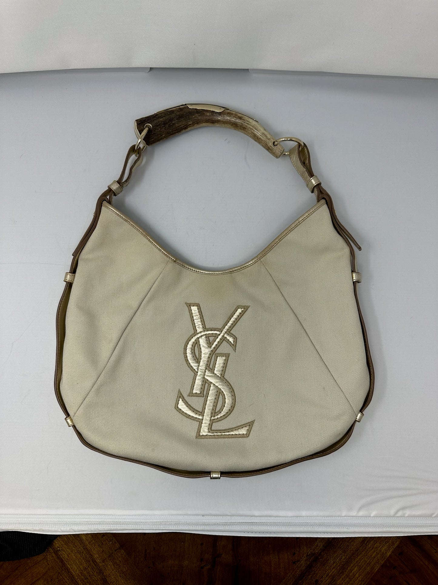YSL Mombasa Logo Shoulder Horn Bag in Beige/Gold
