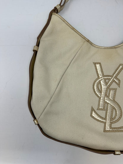 YSL Mombasa Logo Shoulder Horn Bag in Beige/Gold
