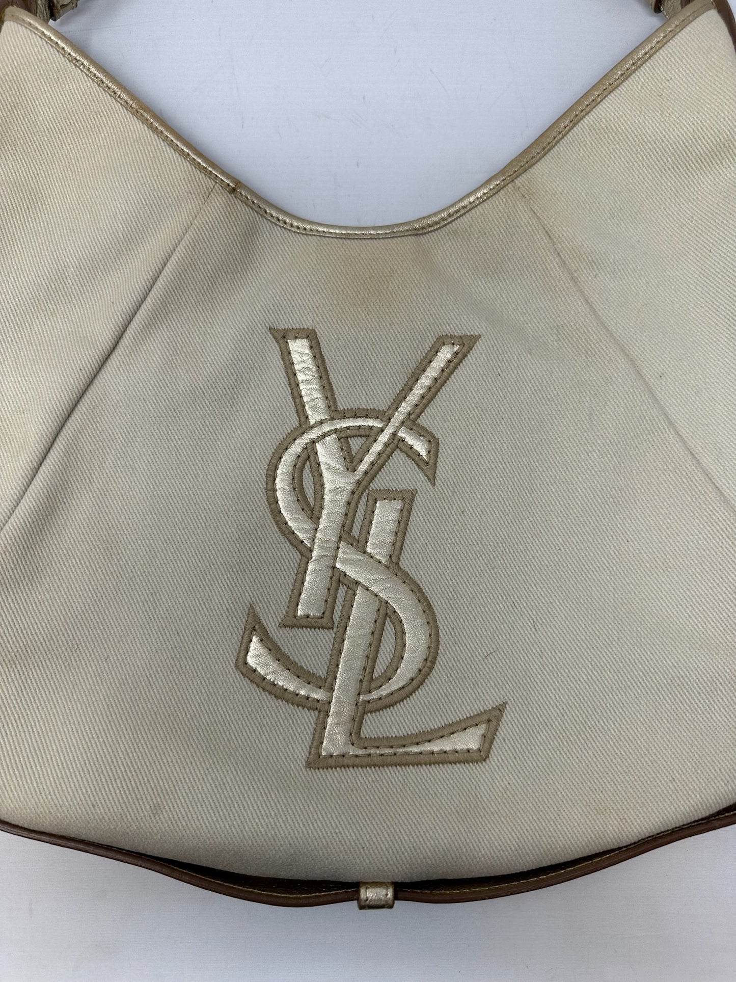 YSL Mombasa Logo Shoulder Horn Bag in Beige/Gold