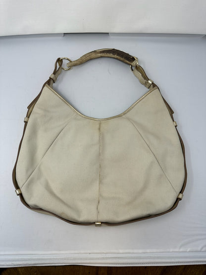 YSL Mombasa Logo Shoulder Horn Bag in Beige/Gold