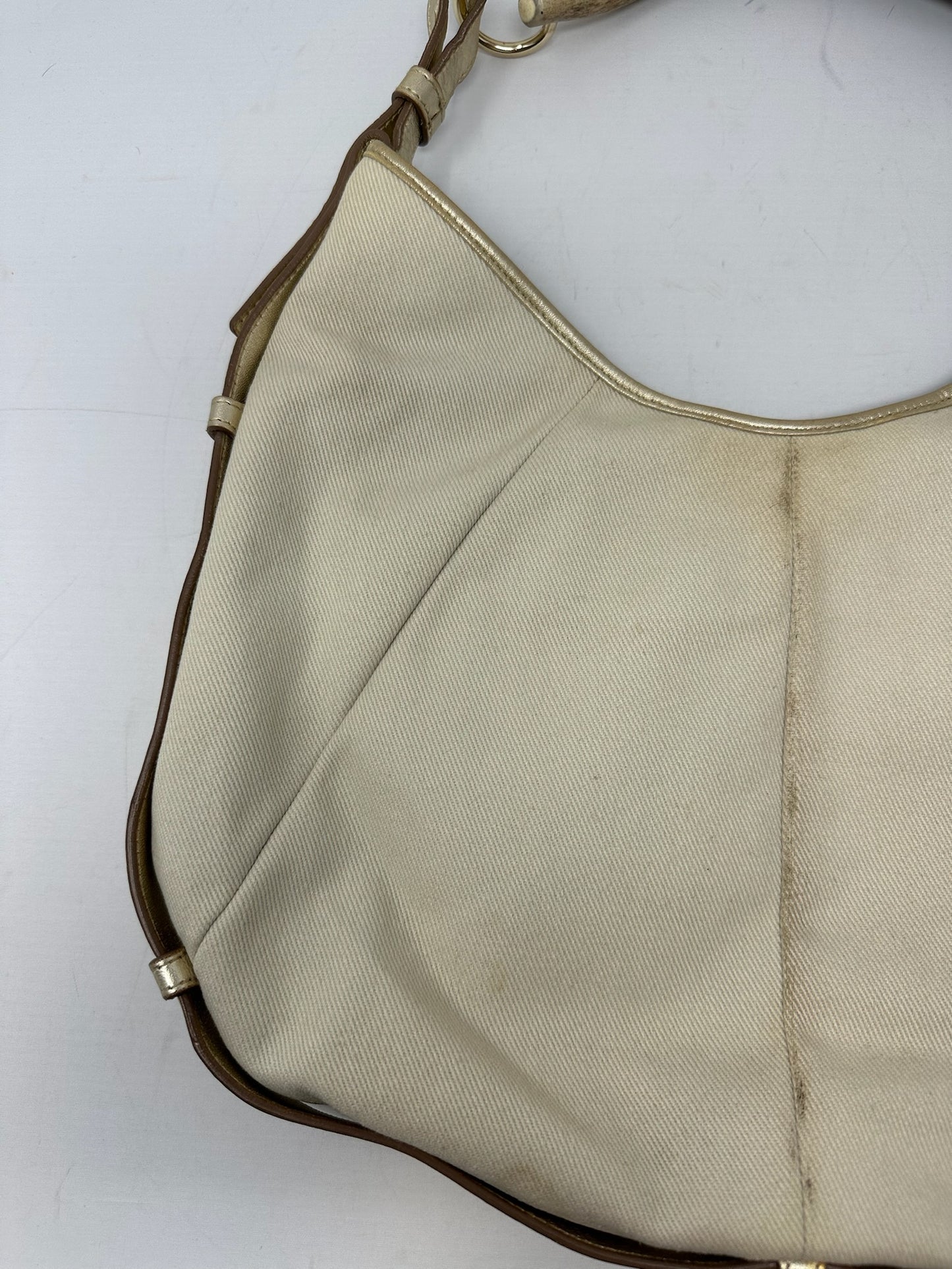 YSL Mombasa Logo Shoulder Horn Bag in Beige/Gold