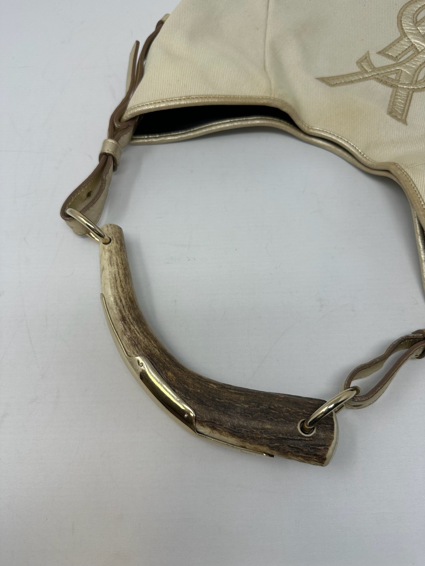 YSL Mombasa Logo Shoulder Horn Bag in Beige/Gold