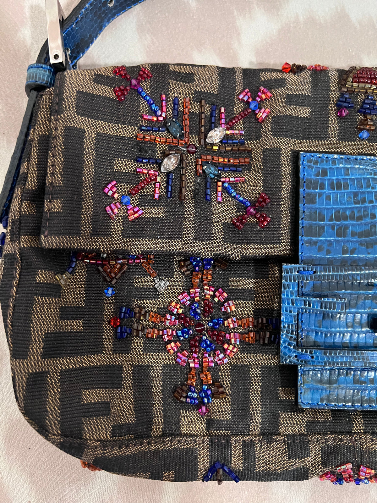 Fendi Zucca Lizard Beaded Baguette