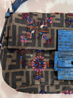 Fendi Zucca Lizard Beaded Baguette