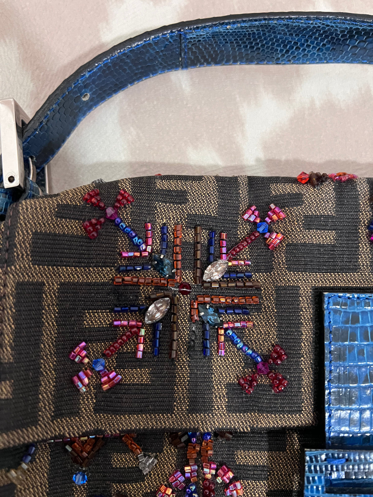 Fendi Zucca Lizard Beaded Baguette