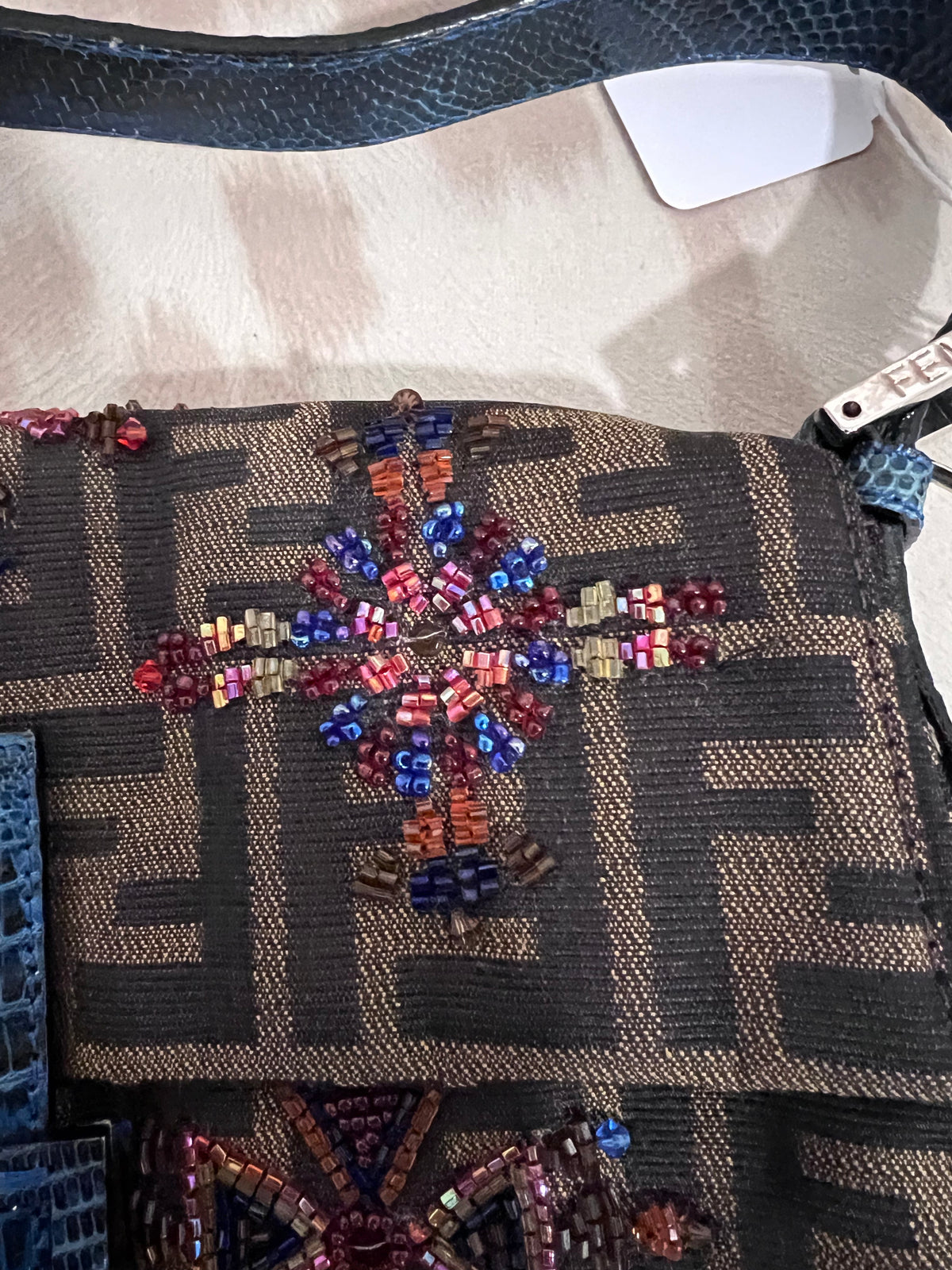 Fendi Zucca Lizard Beaded Baguette