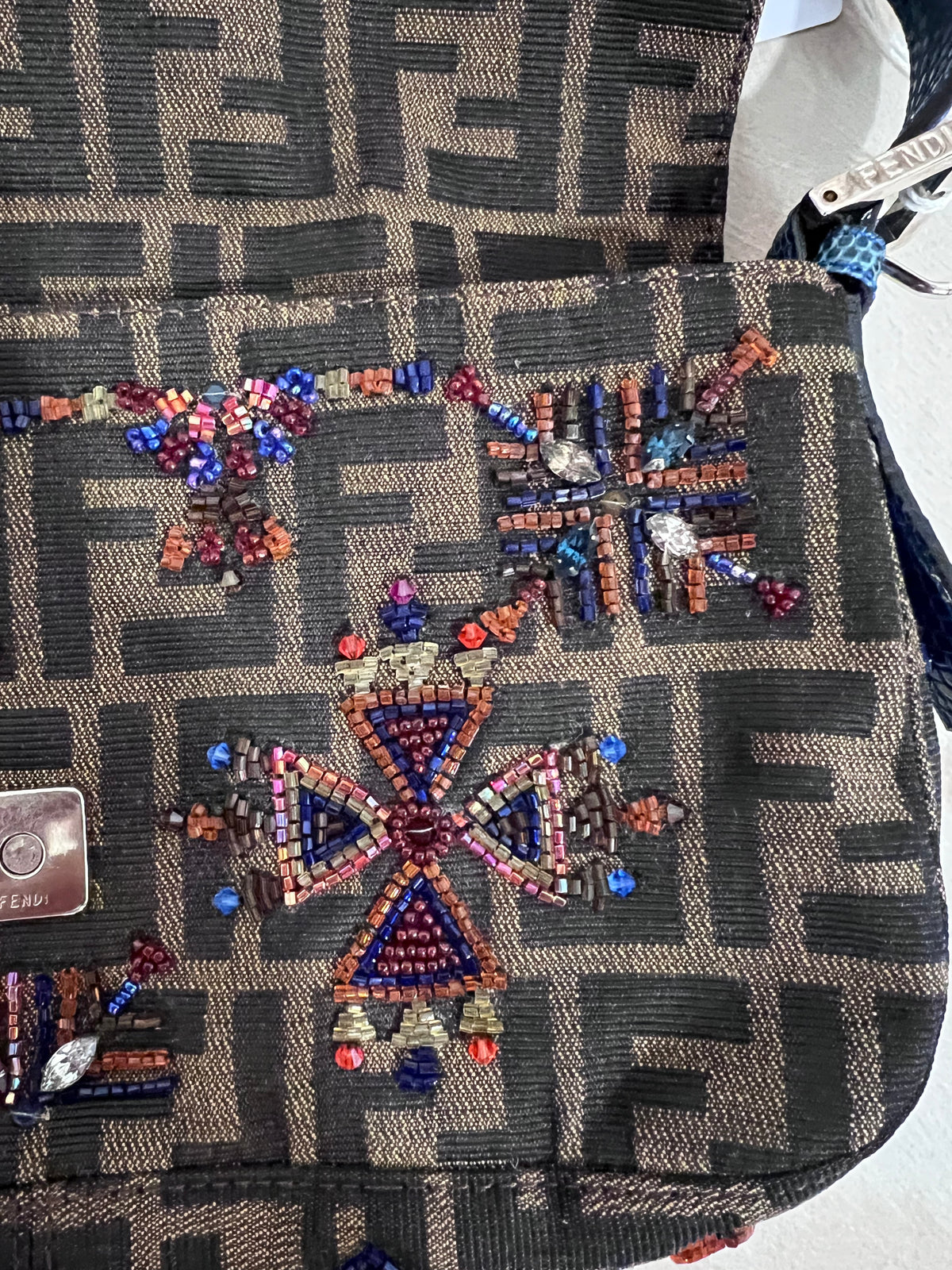 Fendi Zucca Lizard Beaded Baguette