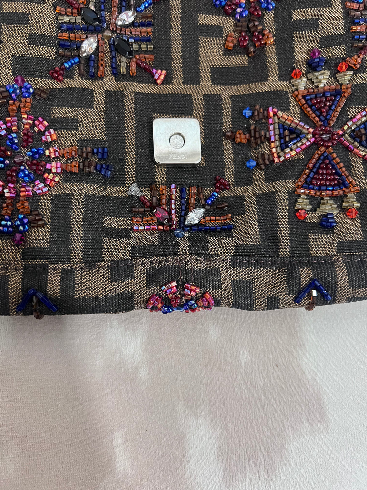 Fendi Zucca Lizard Beaded Baguette
