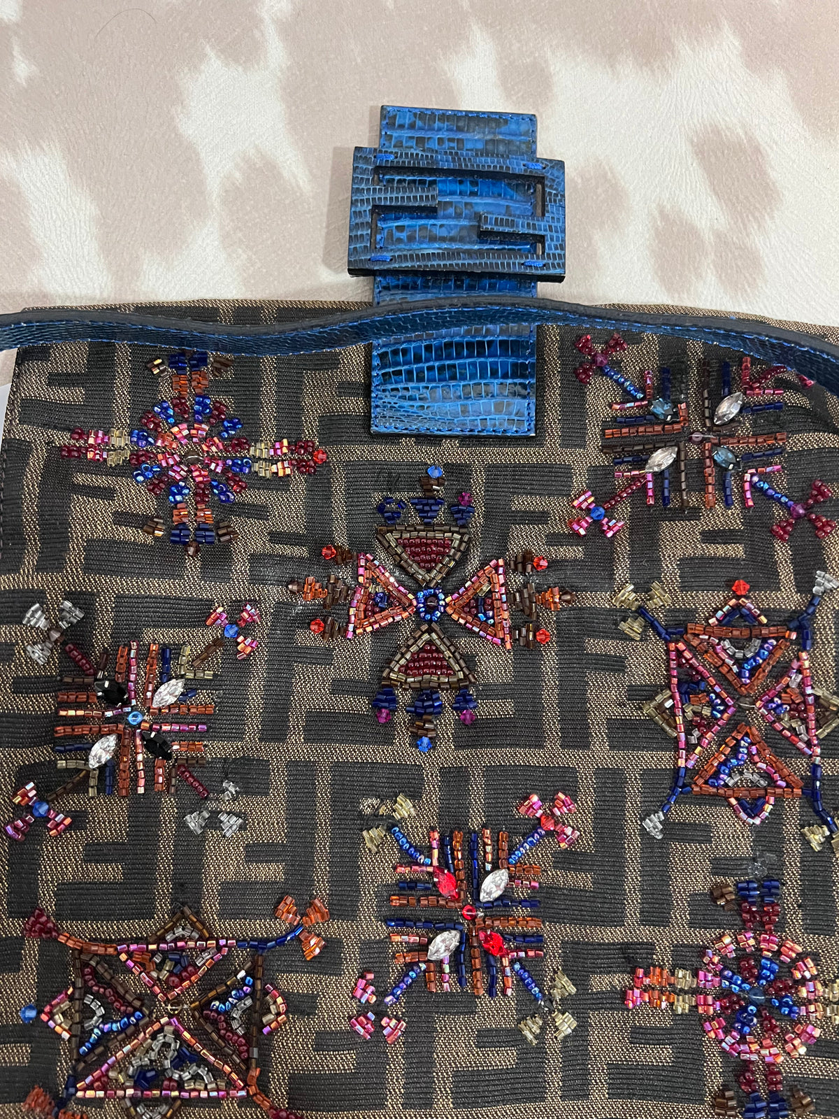 Fendi Zucca Lizard Beaded Baguette