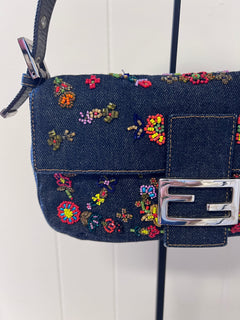Fendi Floral Beaded Denim Baguette Bag