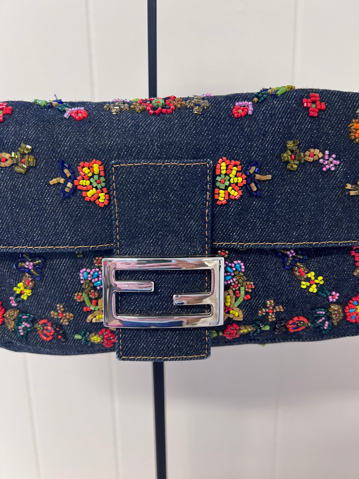 Fendi Floral Beaded Denim Baguette Bag