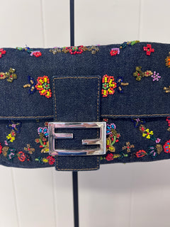 Fendi Floral Beaded Denim Baguette Bag