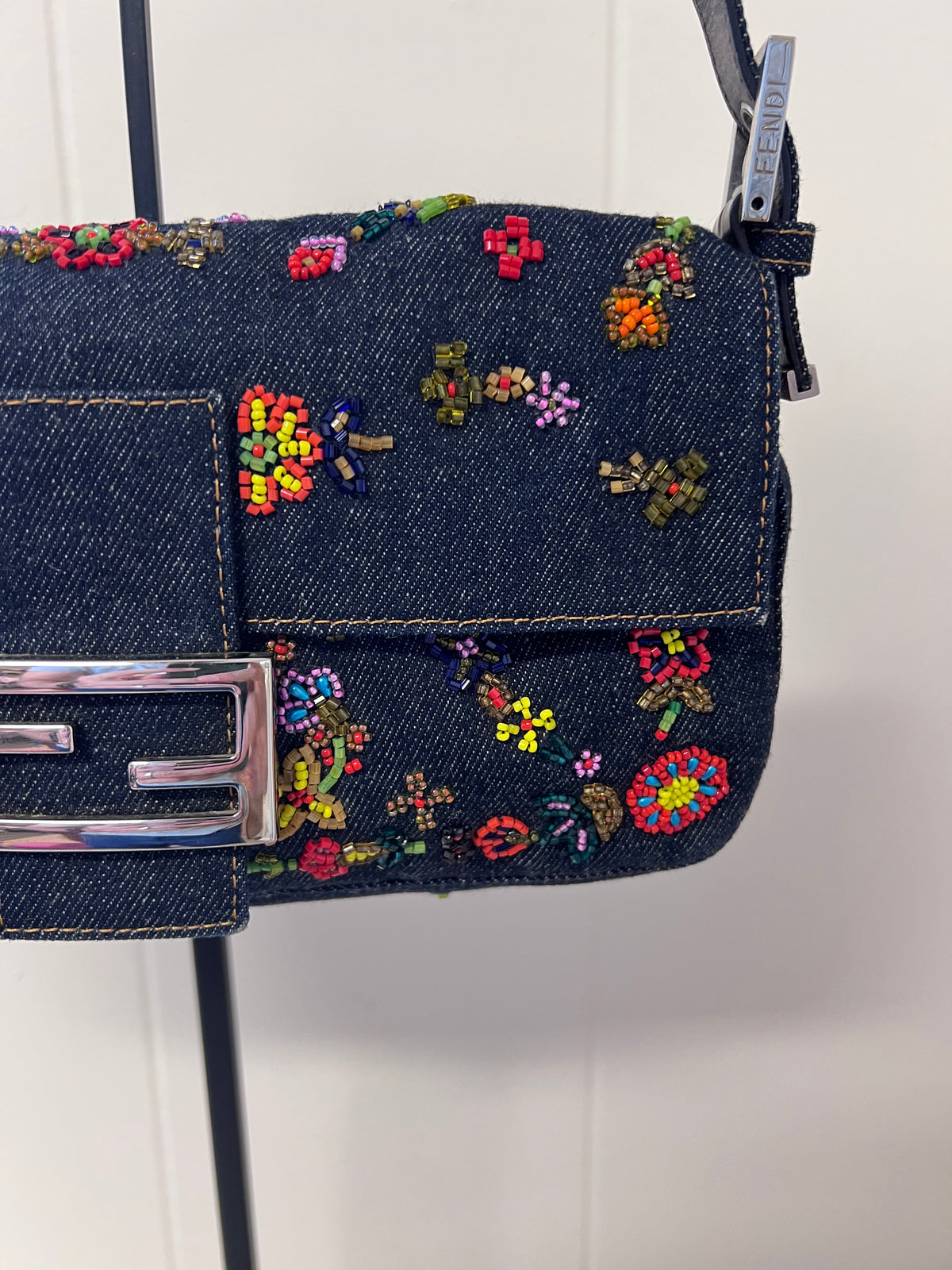 Fendi Floral Beaded Denim Baguette Bag