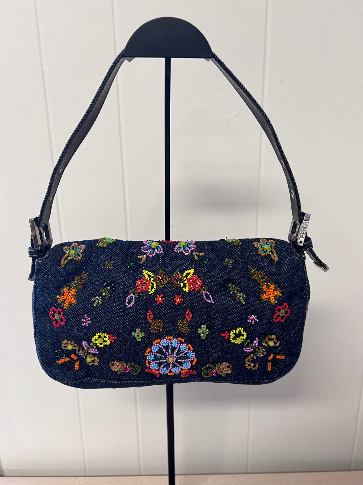 Fendi Floral Beaded Denim Baguette Bag