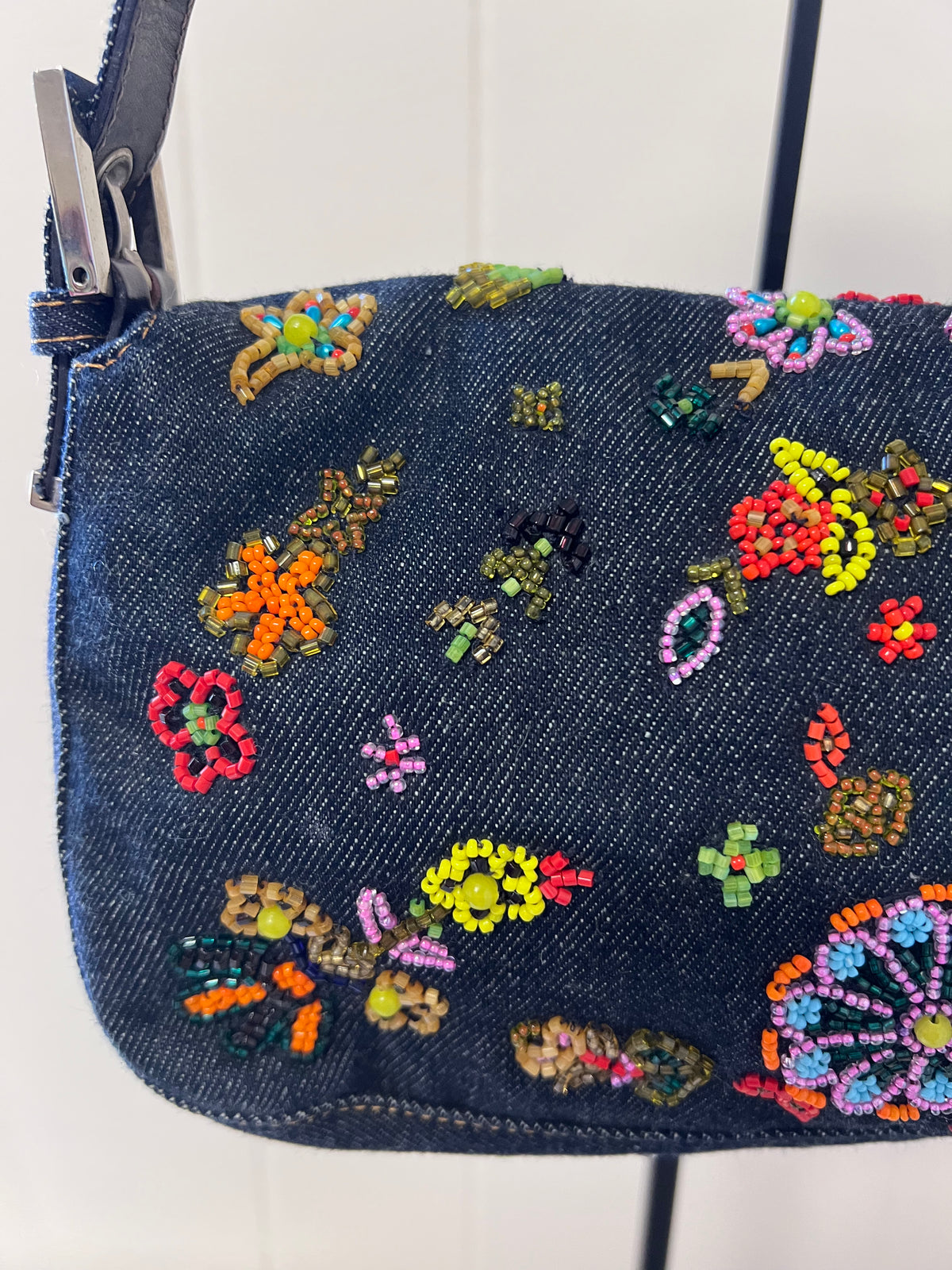 Fendi Floral Beaded Denim Baguette Bag