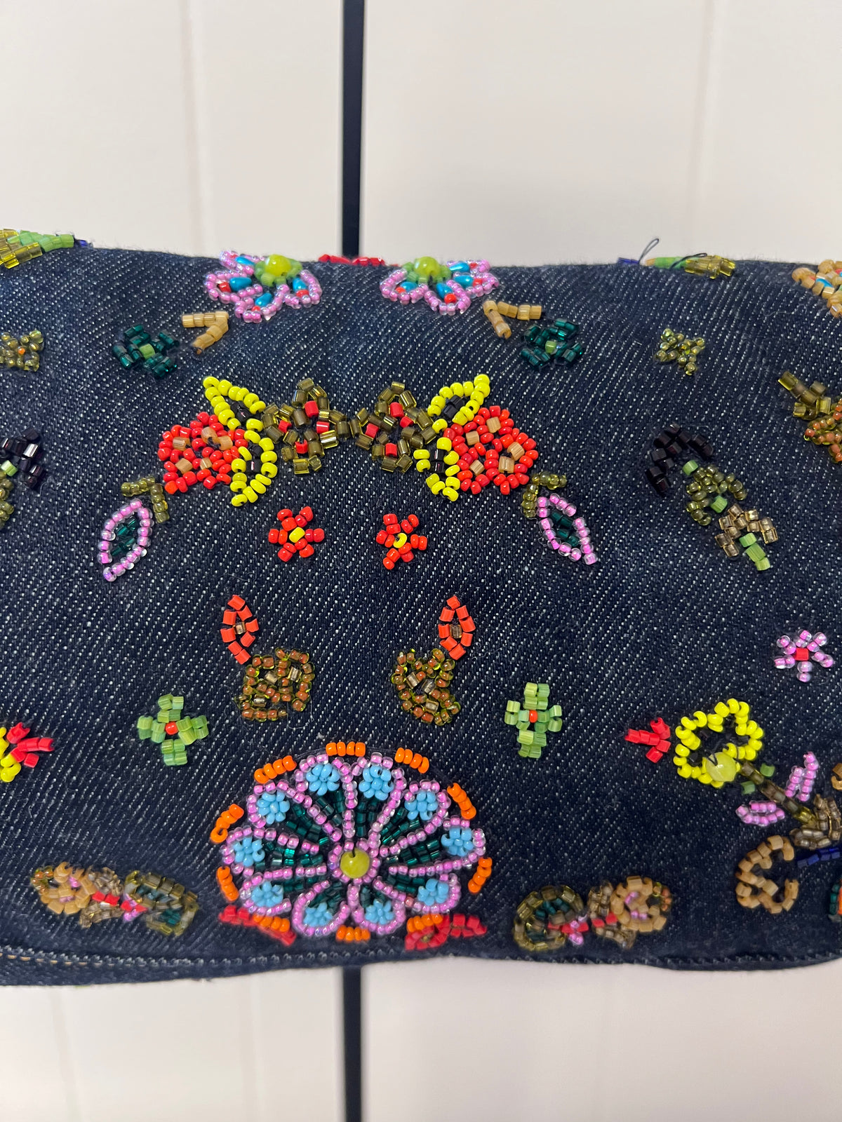 Fendi Floral Beaded Denim Baguette Bag