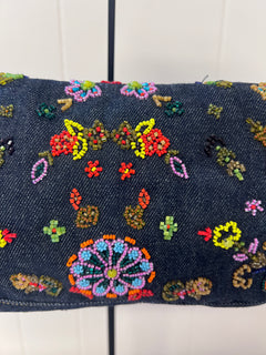 Fendi Floral Beaded Denim Baguette Bag