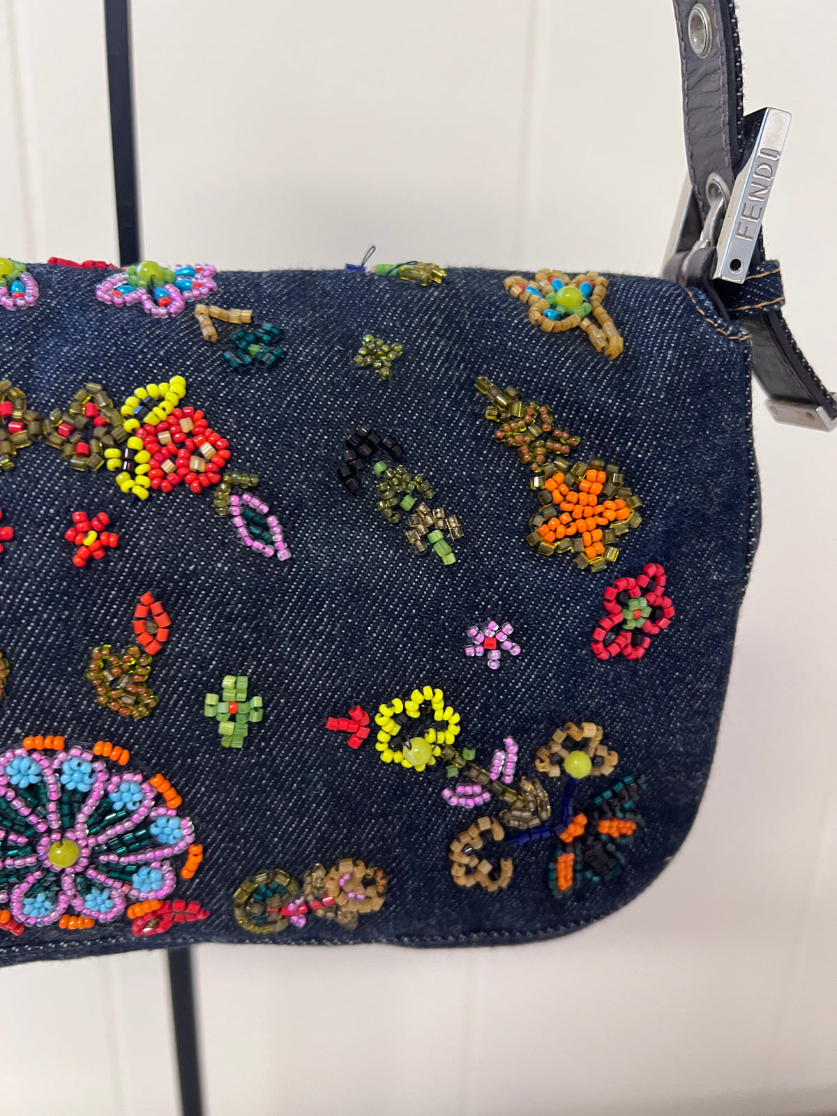 Fendi Floral Beaded Denim Baguette Bag