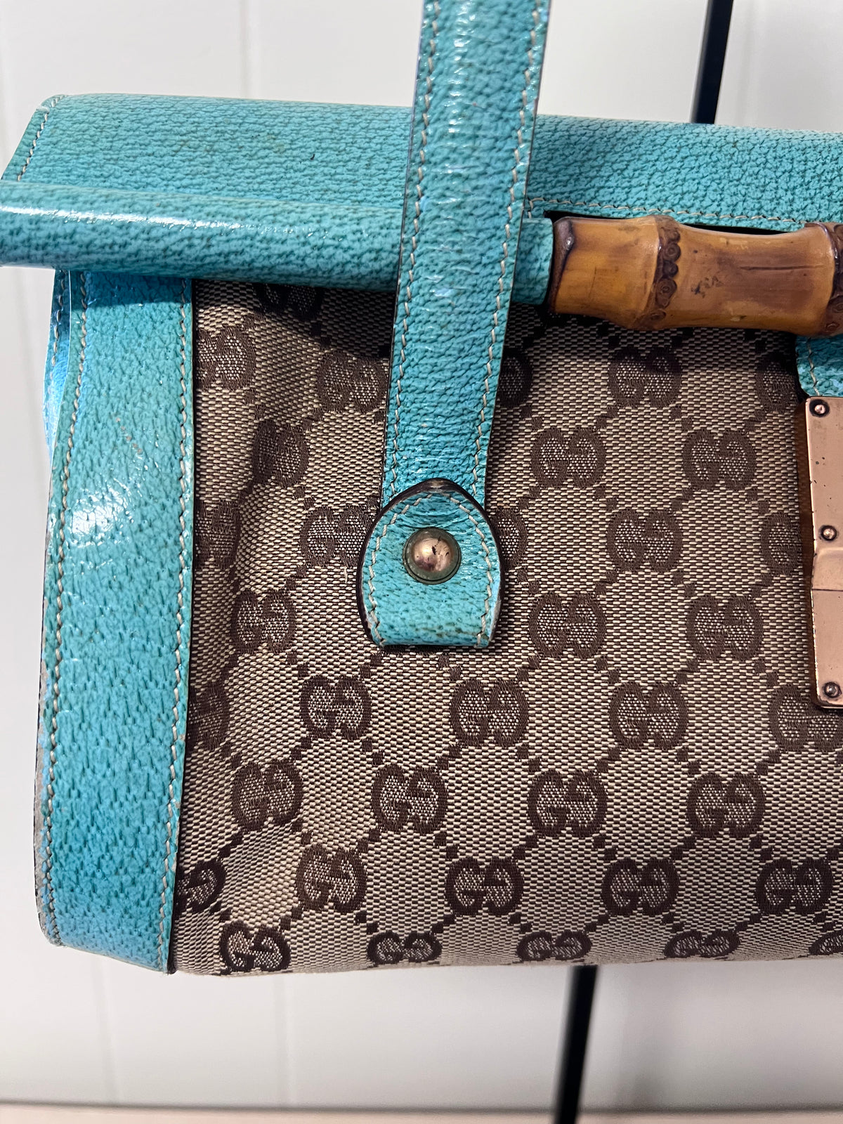Gucci GG Monogram Canvas & Turquoise Leather Bamboo Bar Tote Bag