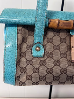 Gucci GG Monogram Canvas & Turquoise Leather Bamboo Bar Tote Bag