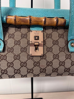 Gucci GG Monogram Canvas & Turquoise Leather Bamboo Bar Tote Bag