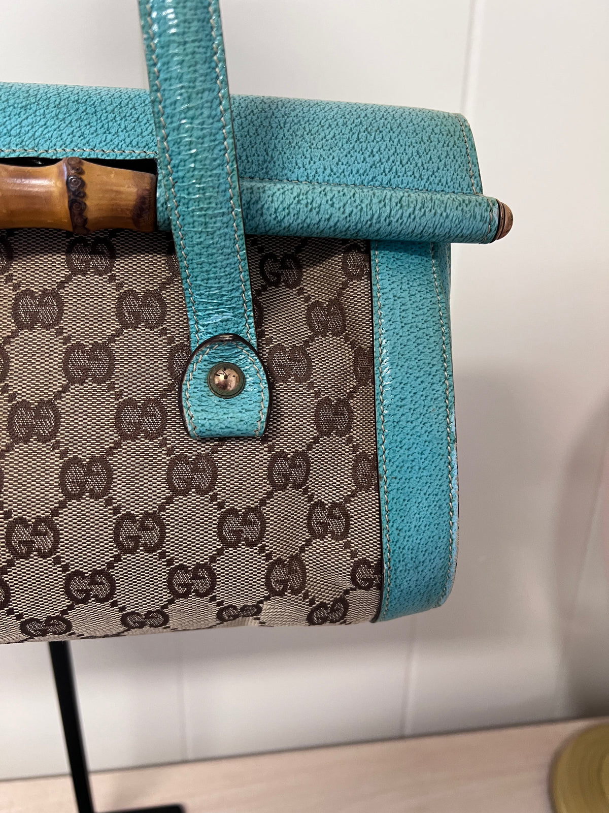 Gucci GG Monogram Canvas & Turquoise Leather Bamboo Bar Tote Bag