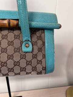 Gucci GG Monogram Canvas & Turquoise Leather Bamboo Bar Tote Bag