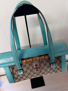Gucci GG Monogram Canvas & Turquoise Leather Bamboo Bar Tote Bag
