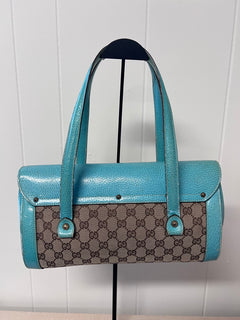 Gucci GG Monogram Canvas & Turquoise Leather Bamboo Bar Tote Bag