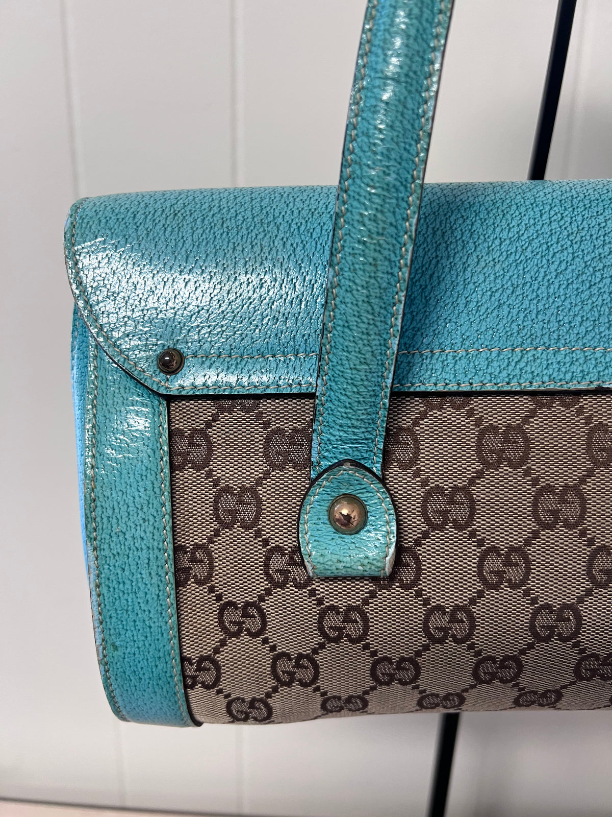 Gucci GG Monogram Canvas & Turquoise Leather Bamboo Bar Tote Bag