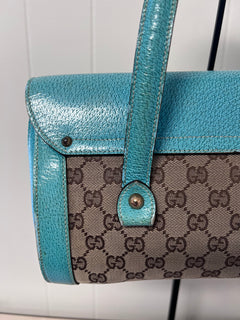 Gucci GG Monogram Canvas & Turquoise Leather Bamboo Bar Tote Bag