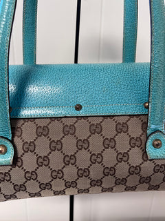 Gucci GG Monogram Canvas & Turquoise Leather Bamboo Bar Tote Bag