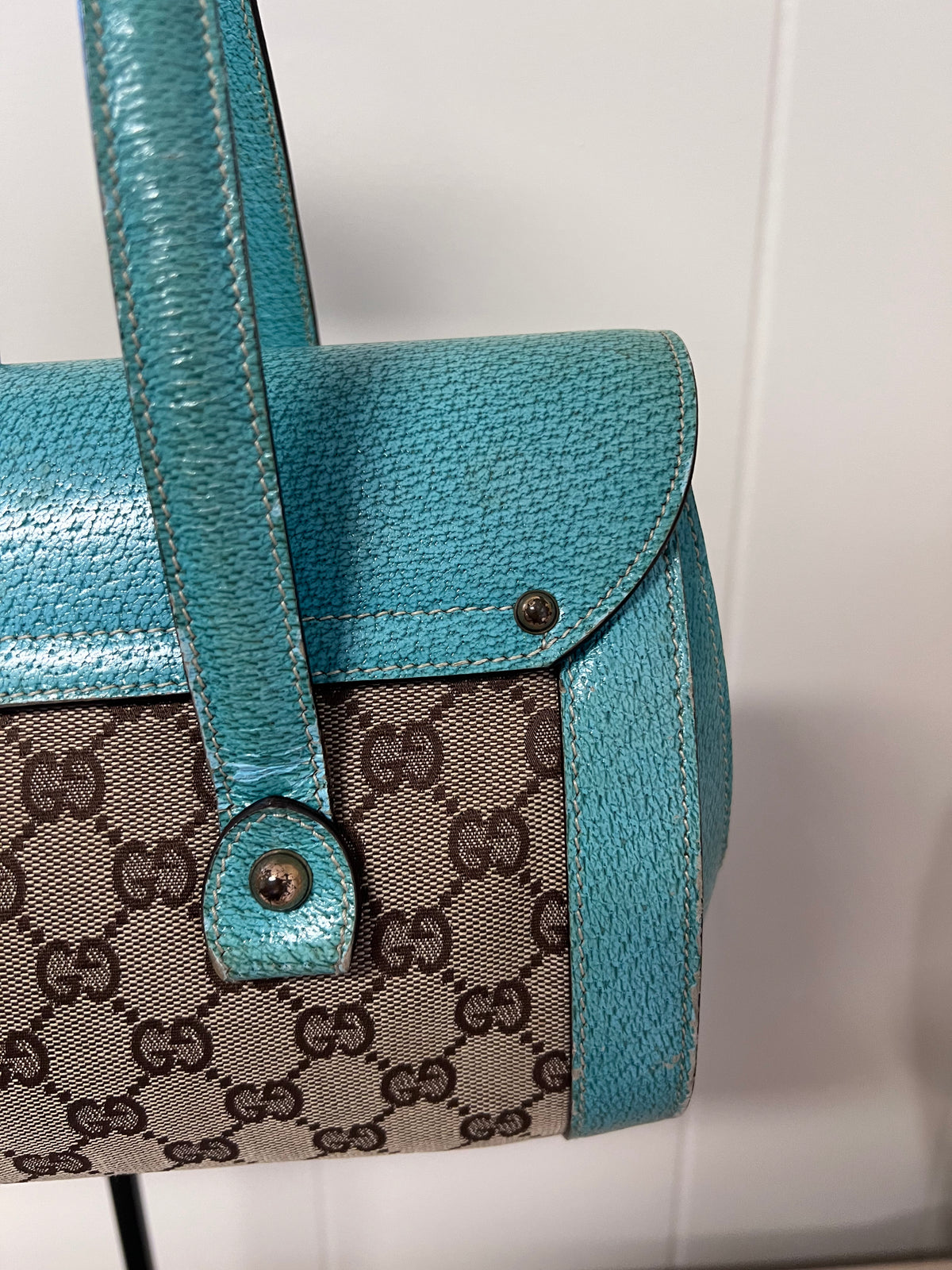 Gucci GG Monogram Canvas & Turquoise Leather Bamboo Bar Tote Bag