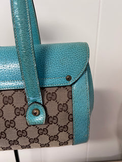 Gucci GG Monogram Canvas & Turquoise Leather Bamboo Bar Tote Bag
