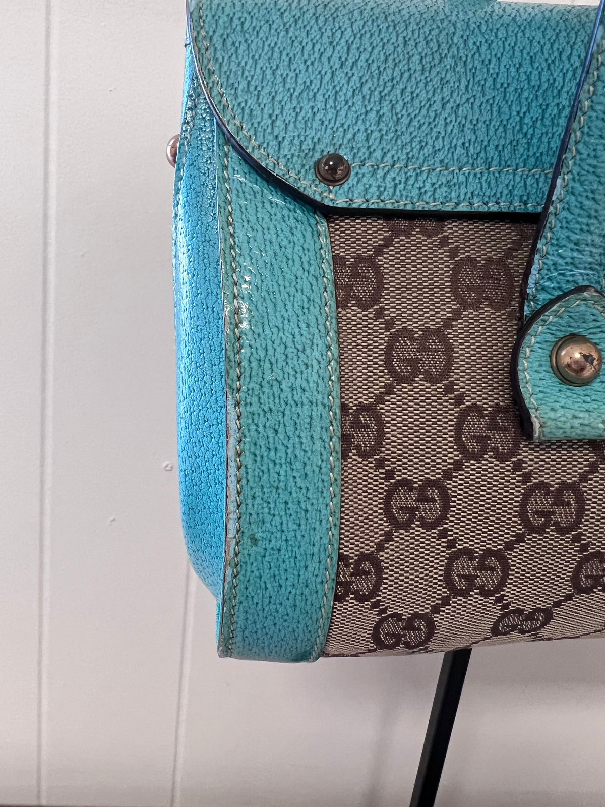 Gucci GG Monogram Canvas & Turquoise Leather Bamboo Bar Tote Bag