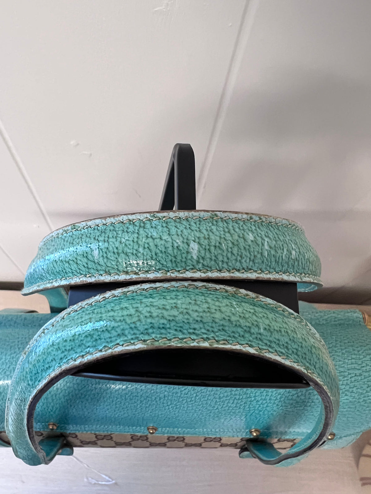 Gucci GG Monogram Canvas & Turquoise Leather Bamboo Bar Tote Bag