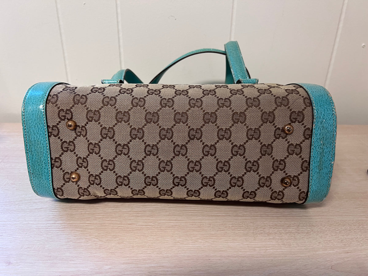 Gucci GG Monogram Canvas & Turquoise Leather Bamboo Bar Tote Bag