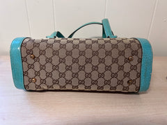 Gucci GG Monogram Canvas & Turquoise Leather Bamboo Bar Tote Bag