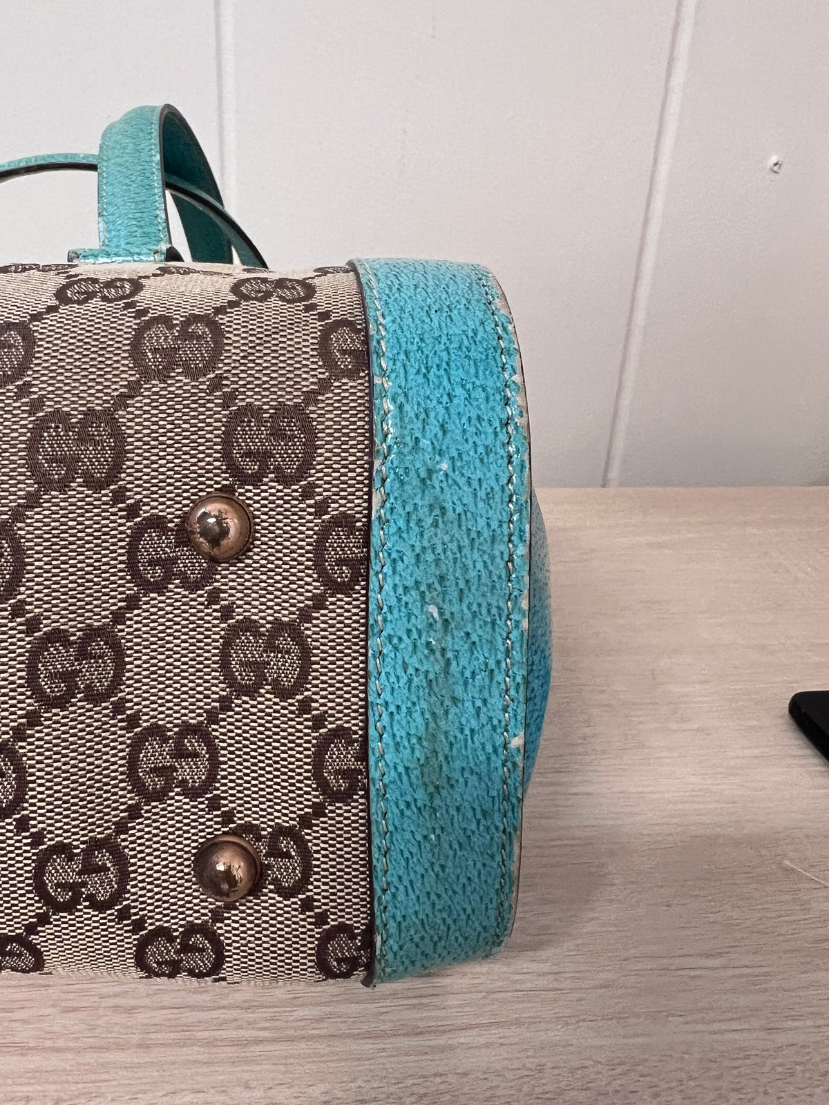 Gucci GG Monogram Canvas & Turquoise Leather Bamboo Bar Tote Bag