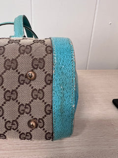 Gucci GG Monogram Canvas & Turquoise Leather Bamboo Bar Tote Bag