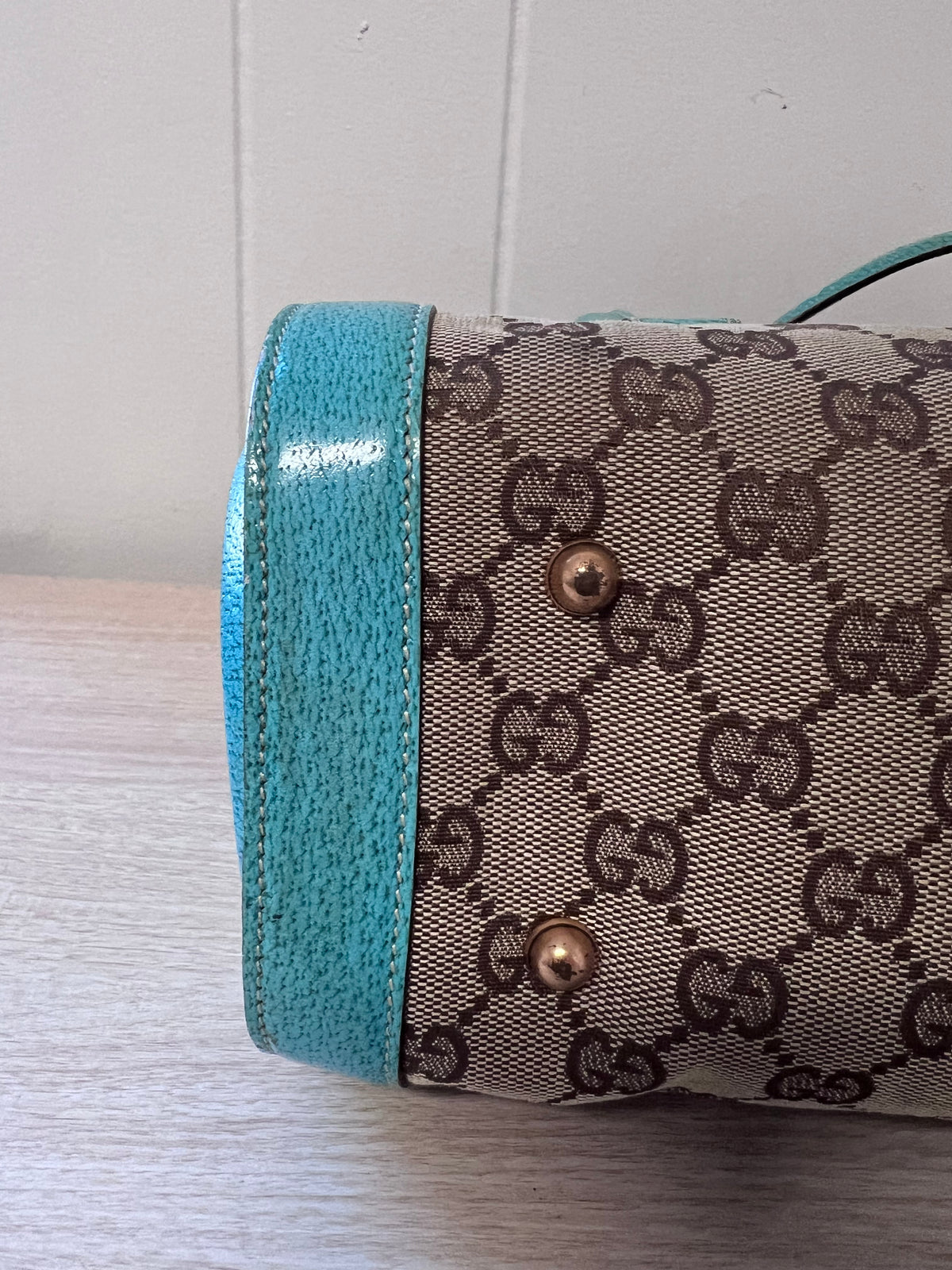 Gucci GG Monogram Canvas & Turquoise Leather Bamboo Bar Tote Bag