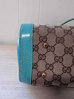Gucci GG Monogram Canvas & Turquoise Leather Bamboo Bar Tote Bag