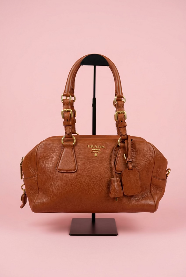 Prada Orange Vitello Daino Leather Buckle Mini Boston Bag