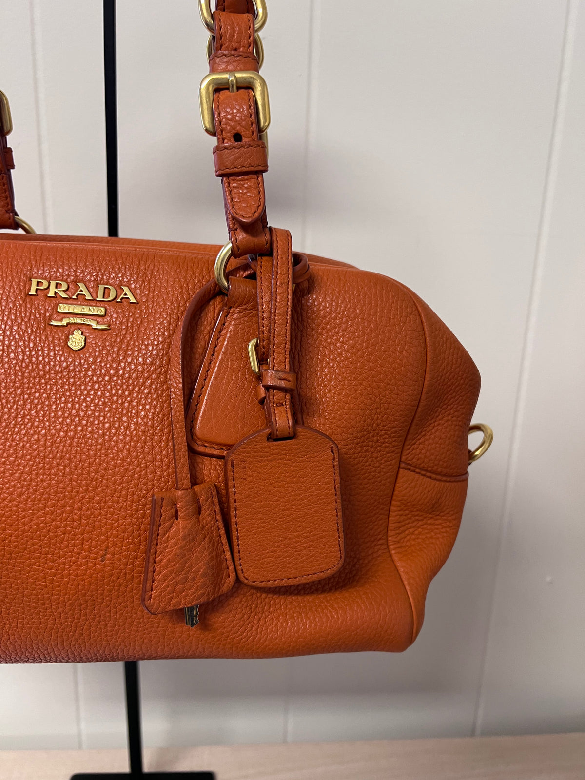 Prada Orange Vitello Daino Leather Buckle Mini Boston Bag