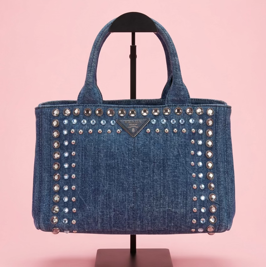 Prada Studded Denim Canapa Tote Bag